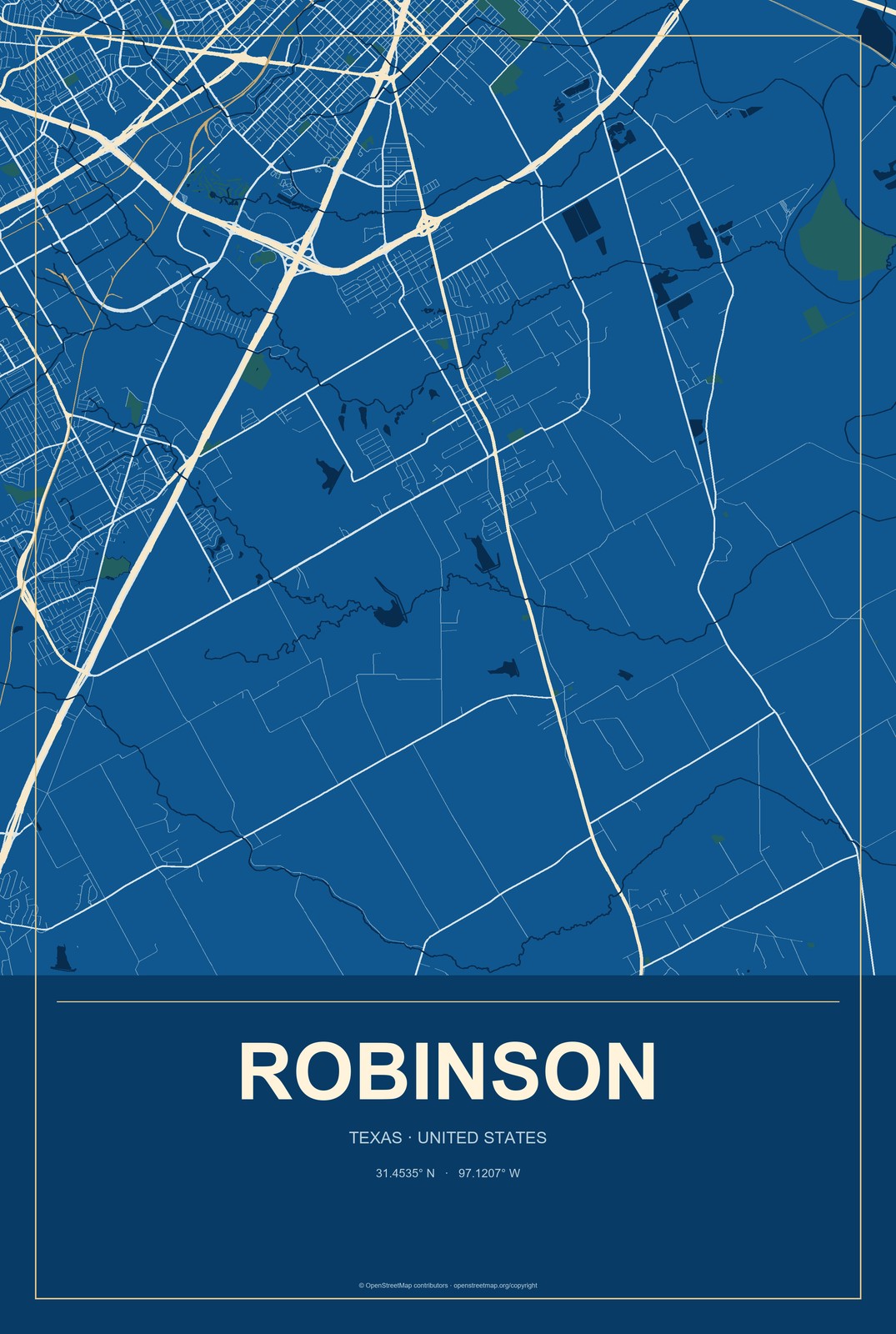 Robinson, Texas City Map Aluminum Sign in Harbor Cobalt style