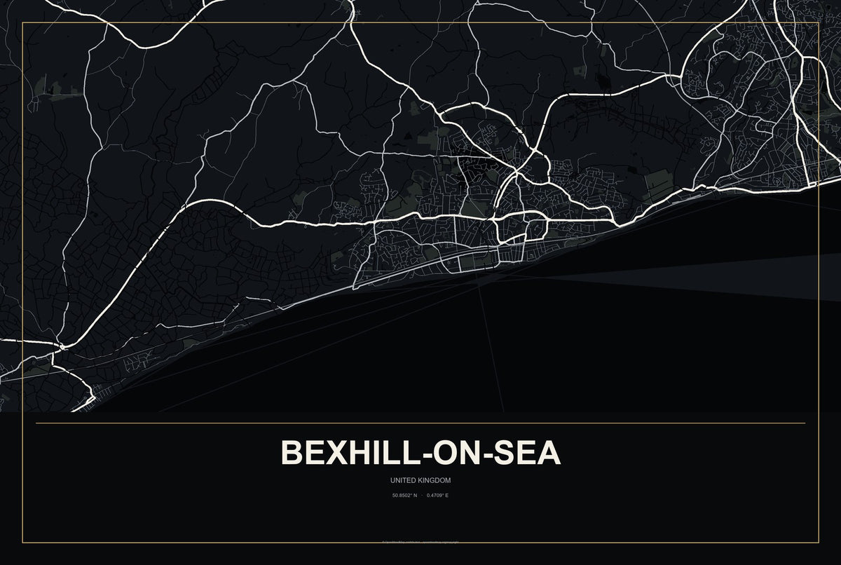 Bexhill-on-Sea, United Kingdom City Map Aluminum Sign in Metropolitan Noir style