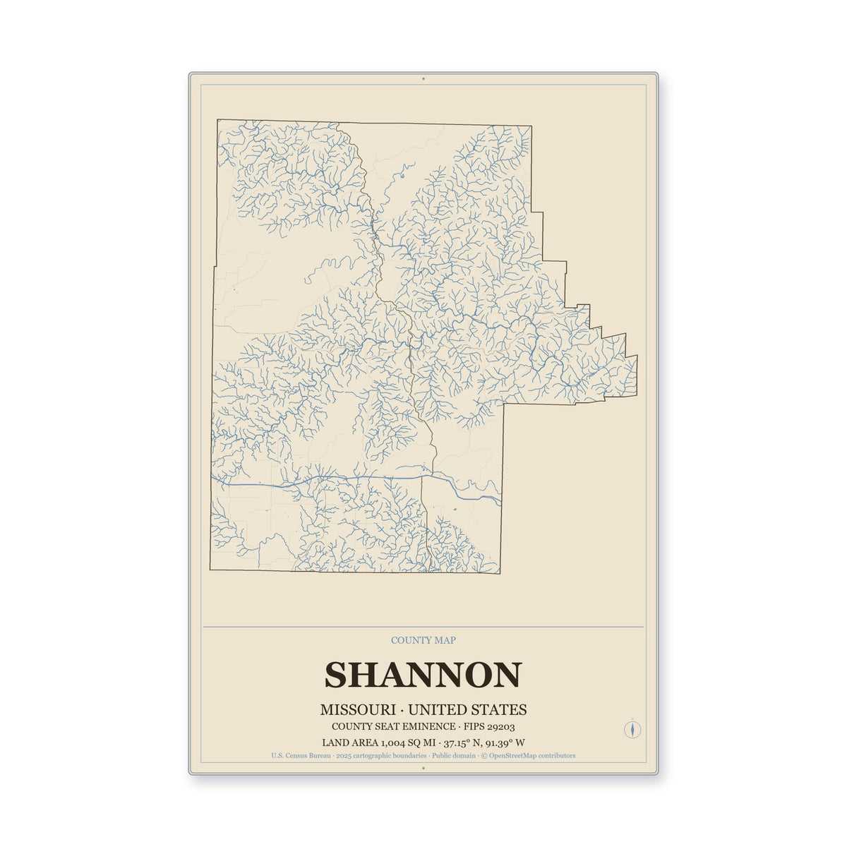 Shannon County, Missouri Map Aluminum Sign in Heritage Nautical style
