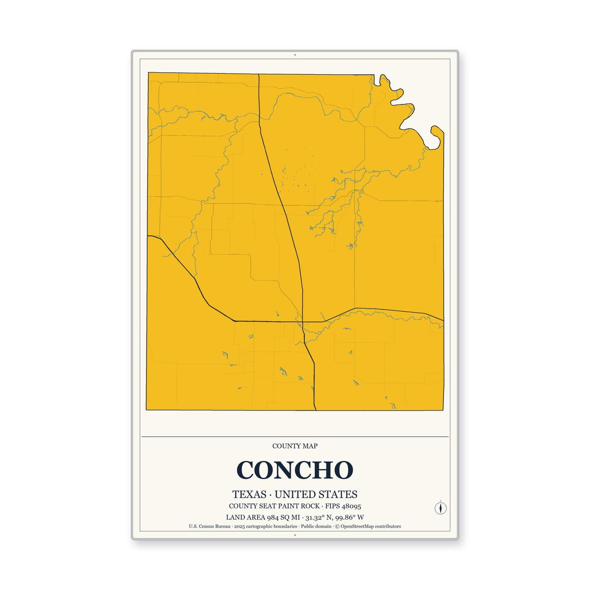 Concho County, Texas Map Aluminum Sign in Citrine Modern style
