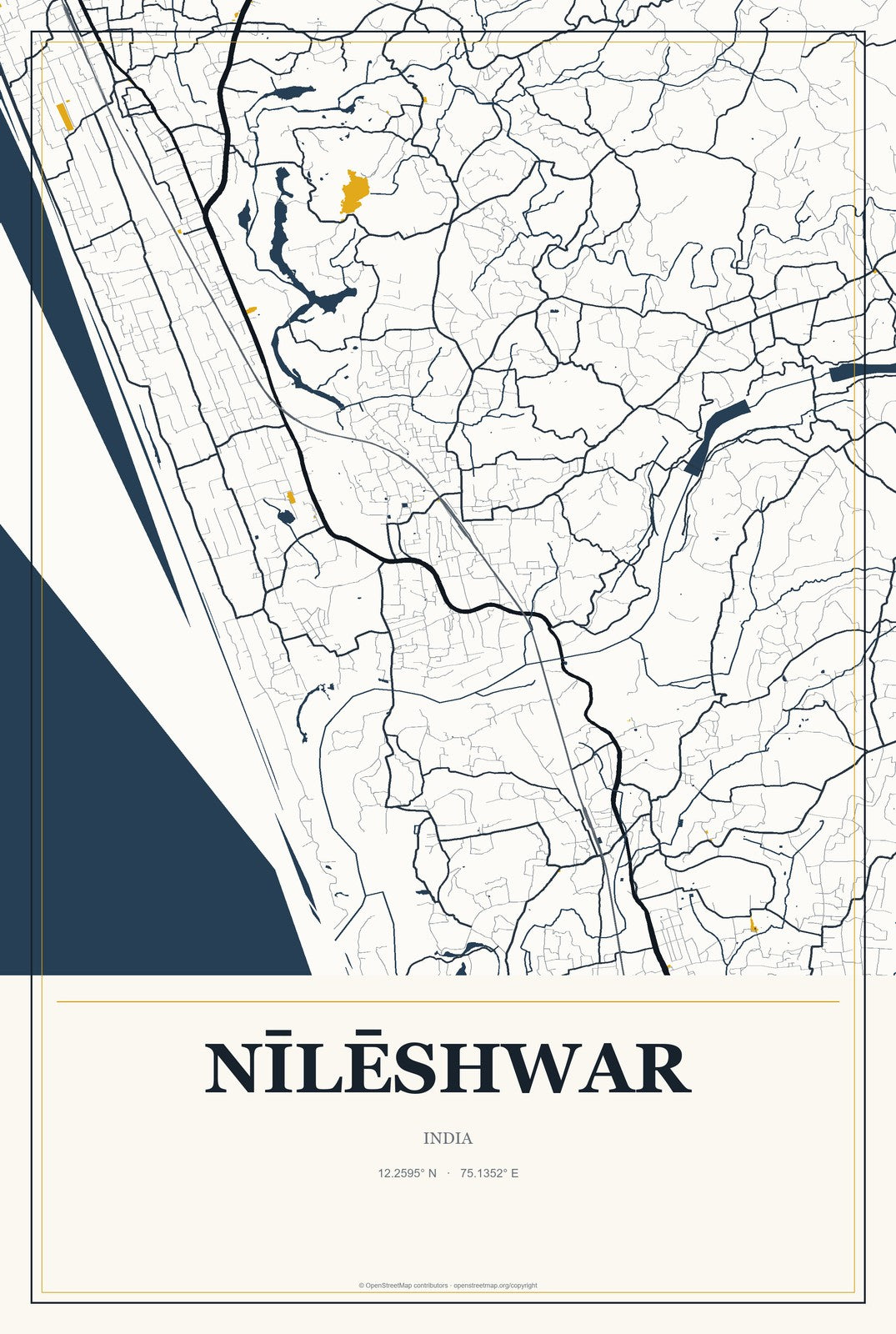 Nīlēshwar, India City Map Aluminum Sign in Citrine Modern style