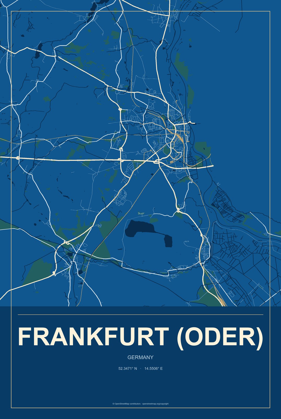 Frankfurt (Oder), Germany City Map Aluminum Sign in Harbor Cobalt style