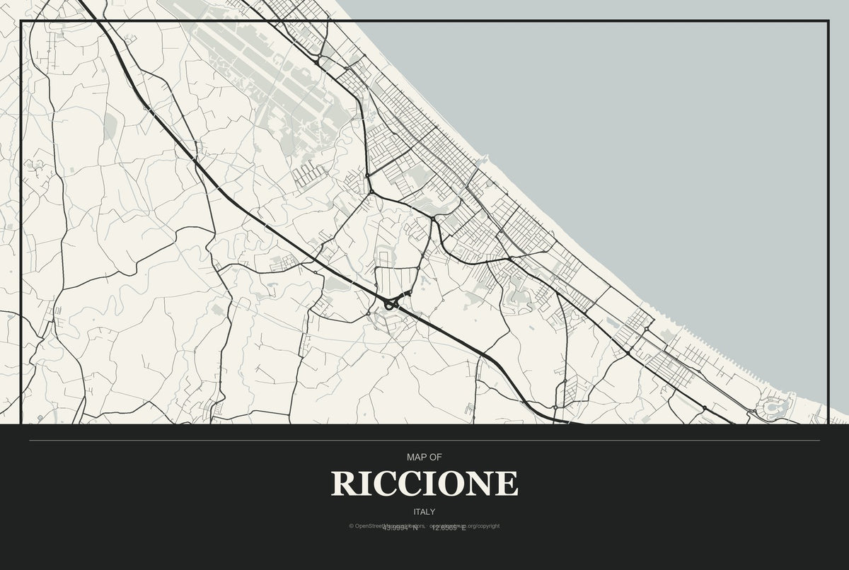 Riccione, Italy City Map Aluminum Sign in Museum Plaque style