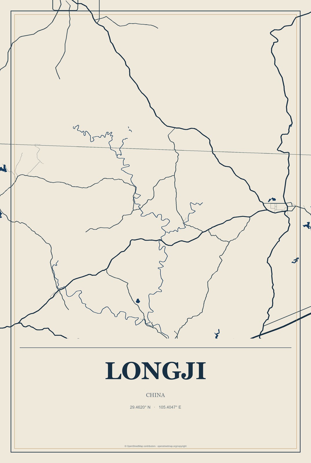 Longji, China City Map Aluminum Sign in Coastal Cutout style