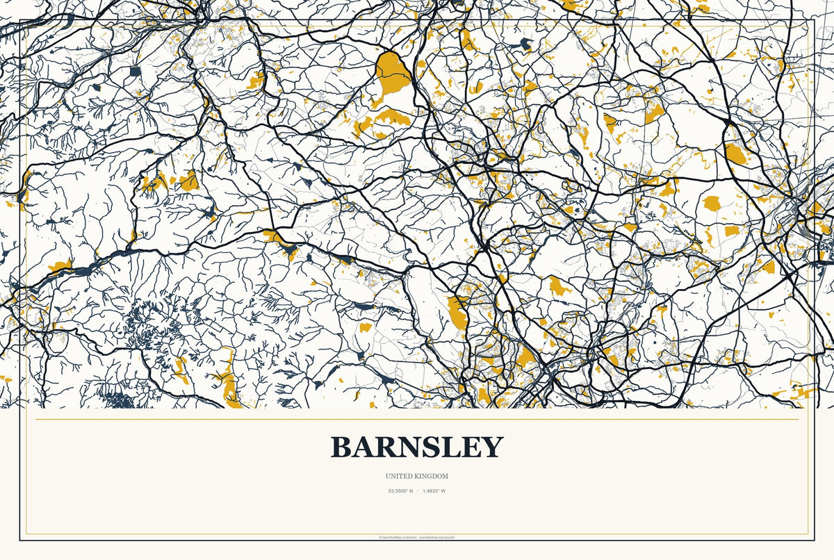 Barnsley, United Kingdom City Map Aluminum Sign in Citrine Modern style