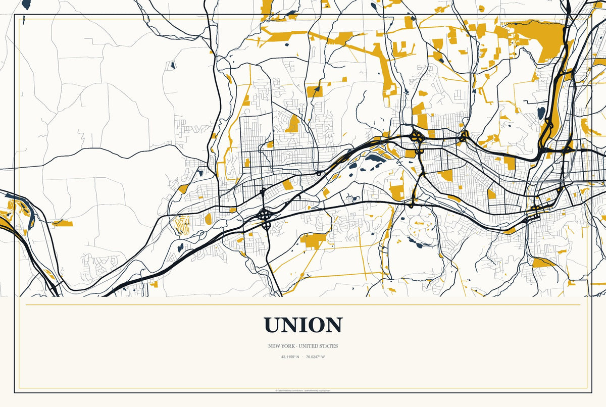 Union, New York City Map Aluminum Sign in Citrine Modern style