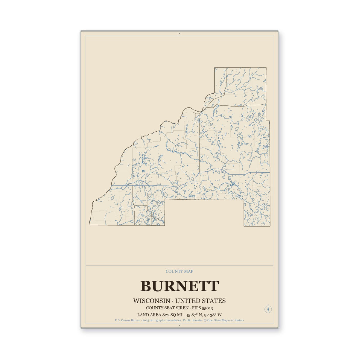 Burnett County, Wisconsin Map Aluminum Sign in Heritage Nautical style