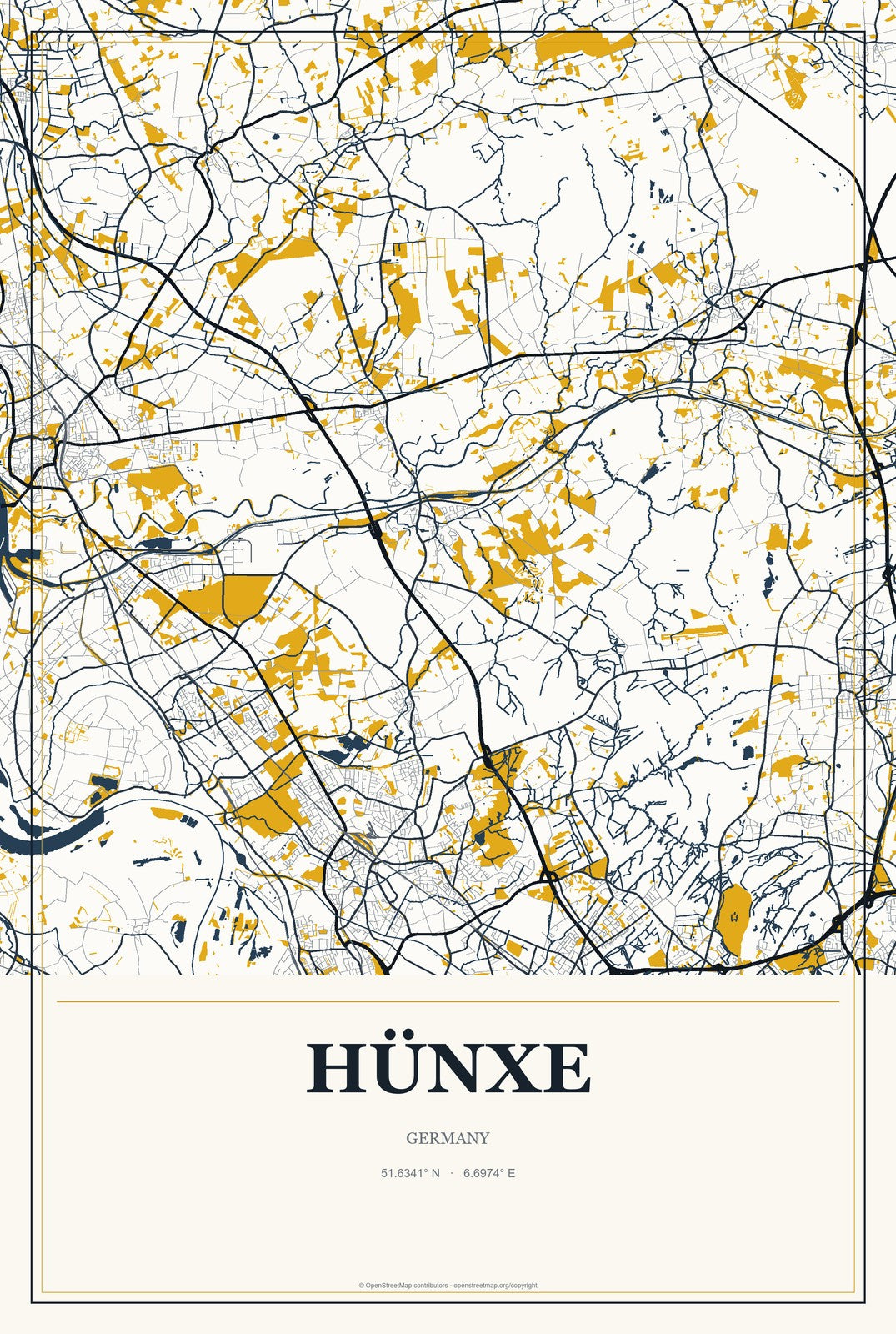 Hünxe, Germany City Map Aluminum Sign in Citrine Modern style
