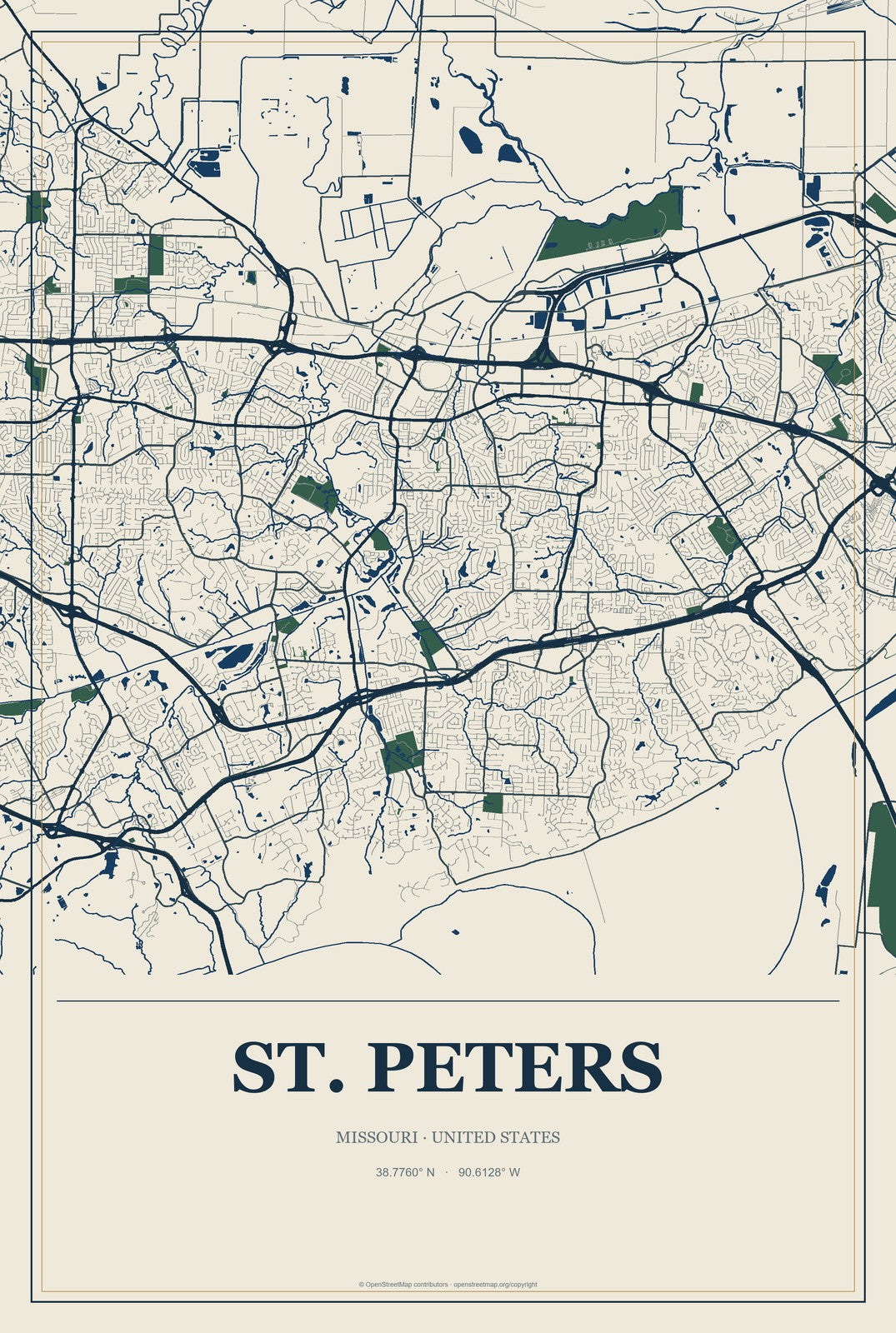 St. Peters, Missouri City Map Aluminum Sign in Coastal Cutout style