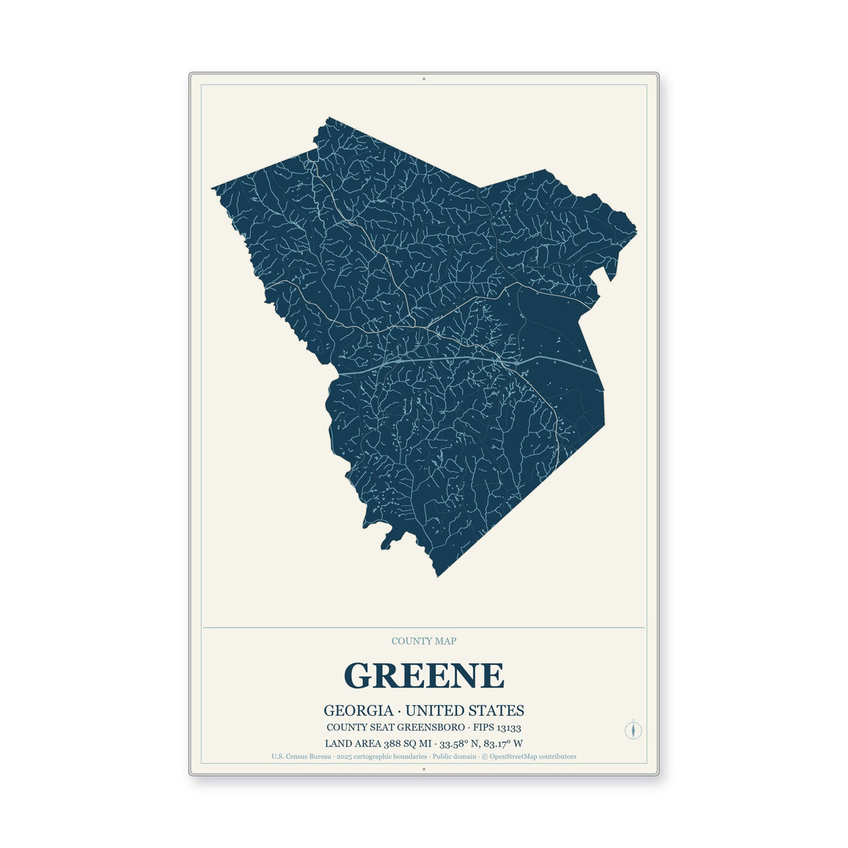 Greene County, Georgia Map Aluminum Sign in Coastal Cutout style