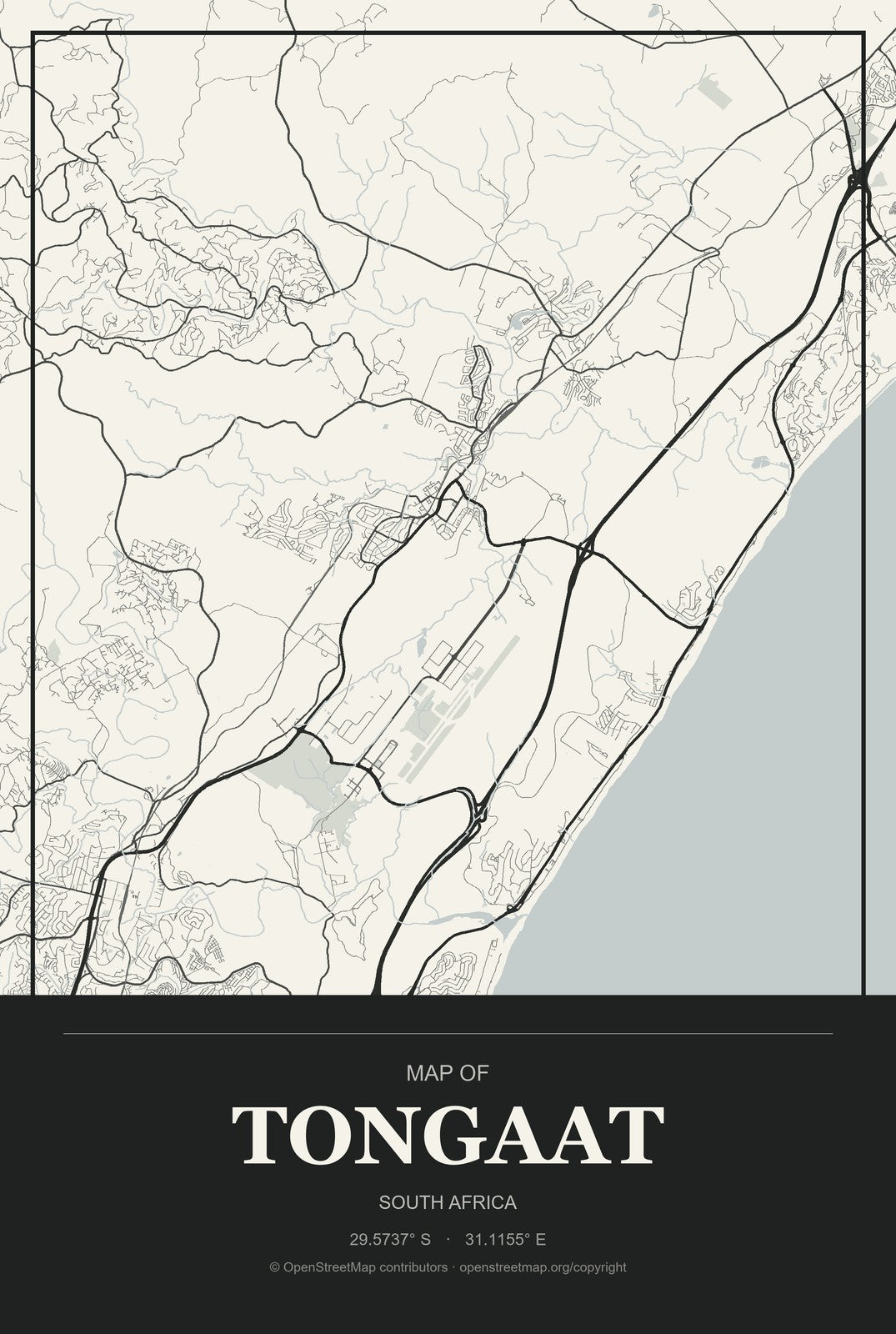 Tongaat, South Africa City Map Aluminum Sign in Museum Plaque style