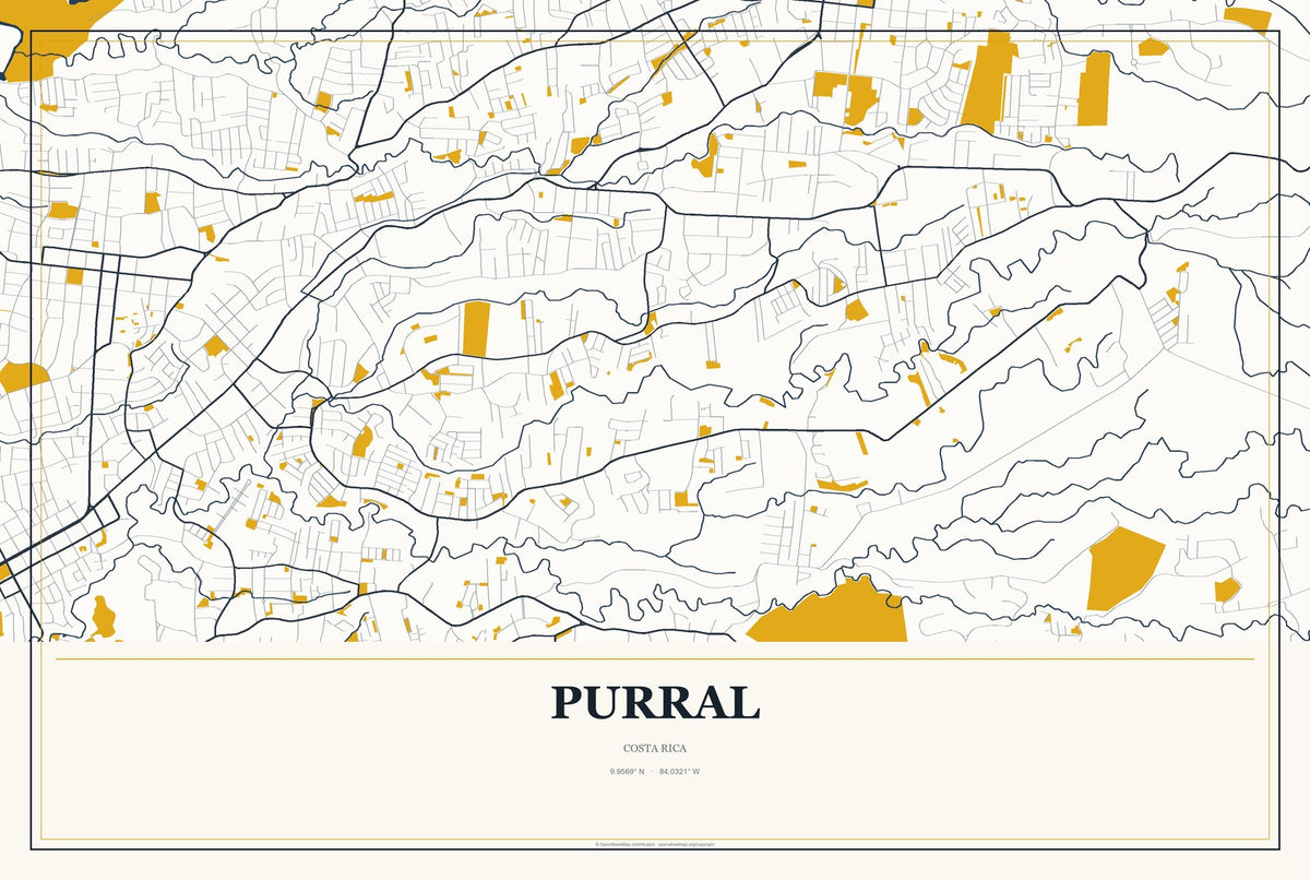 Purral, Costa Rica City Map Aluminum Sign in Citrine Modern style