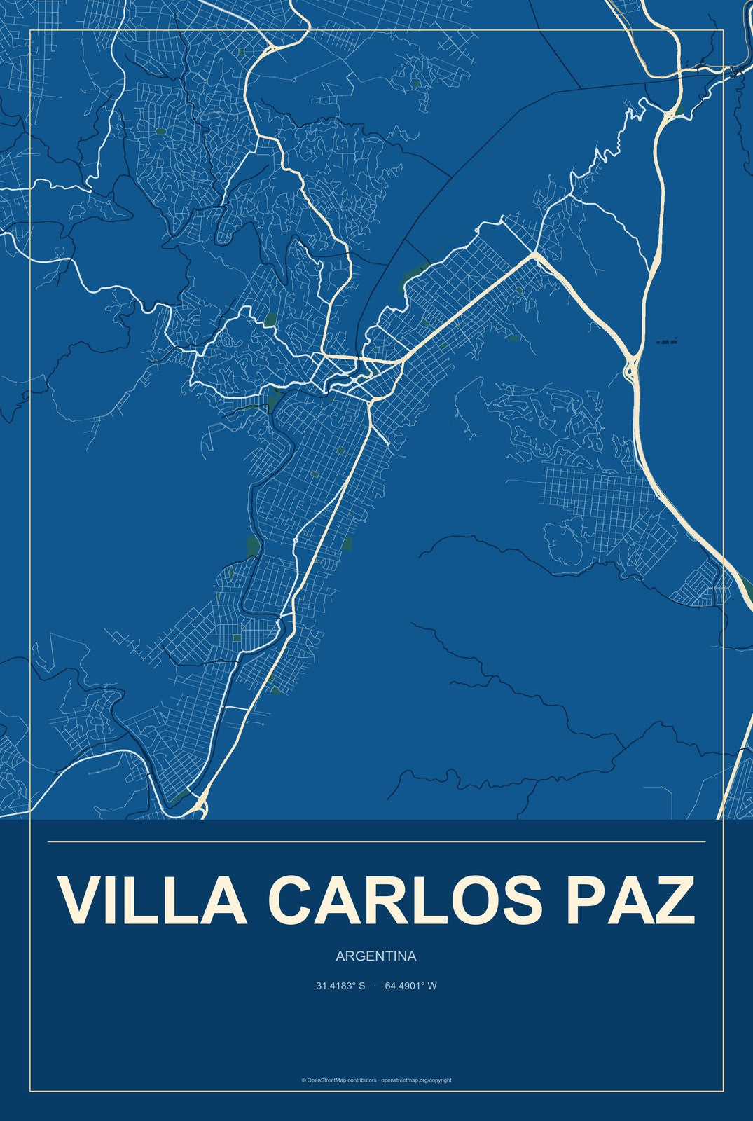 Villa Carlos Paz, Argentina City Map Aluminum Sign in Harbor Cobalt style