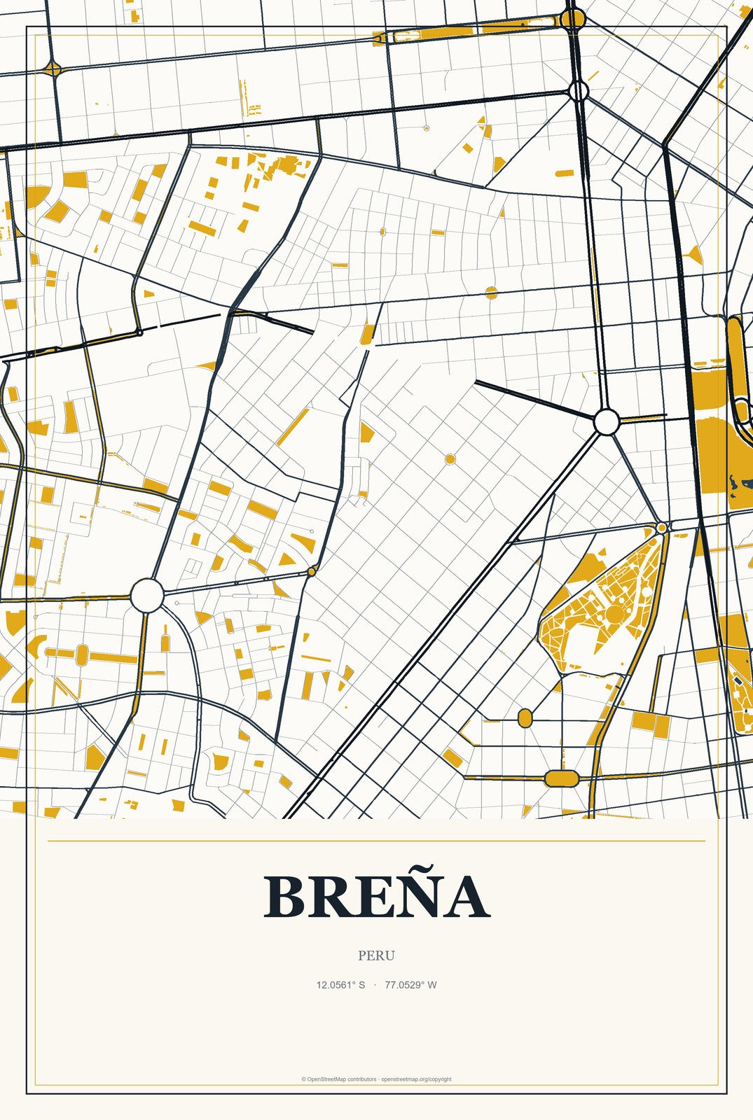 Breña, Peru City Map Aluminum Sign in Citrine Modern style