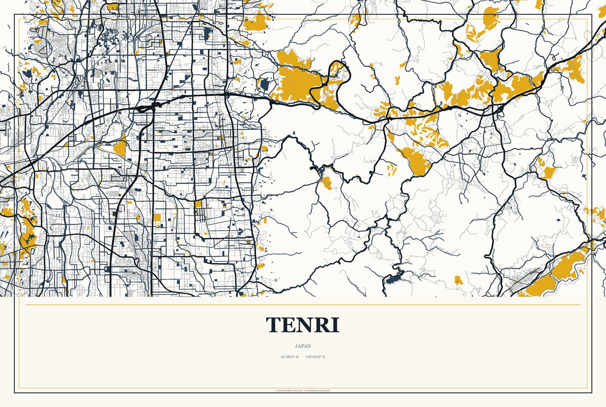 Tenri, Japan City Map Aluminum Sign in Citrine Modern style
