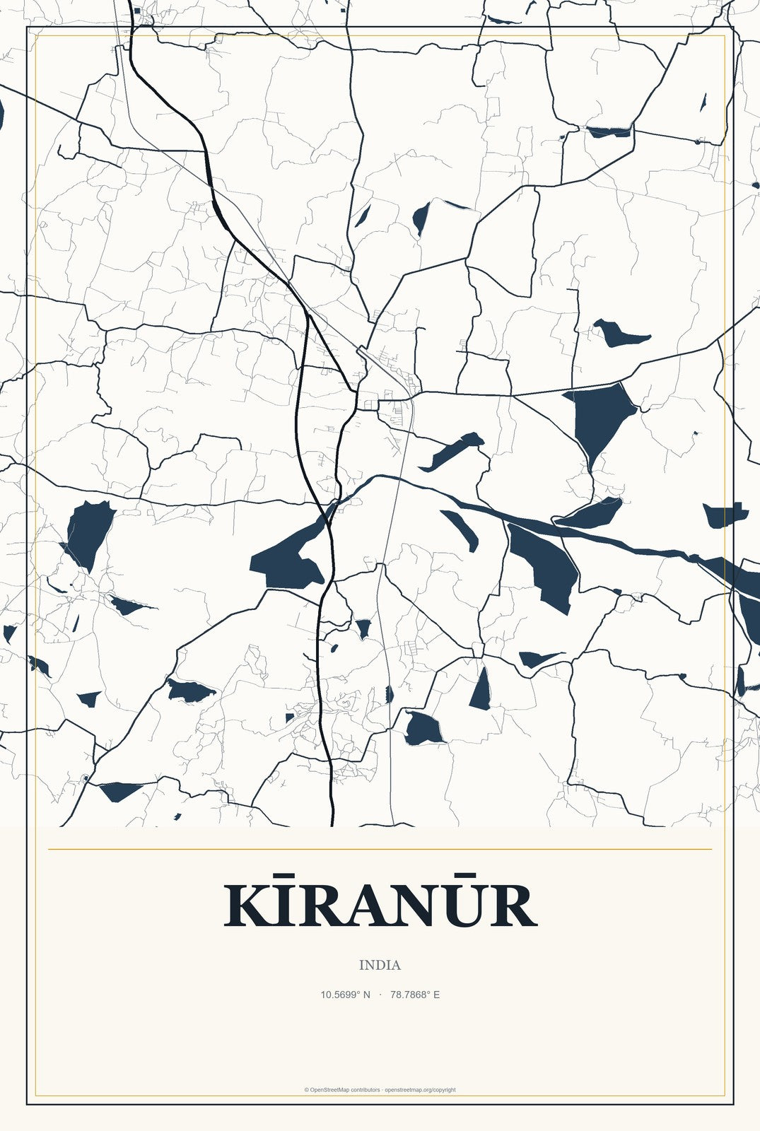 Kīranūr, India City Map Aluminum Sign in Citrine Modern style