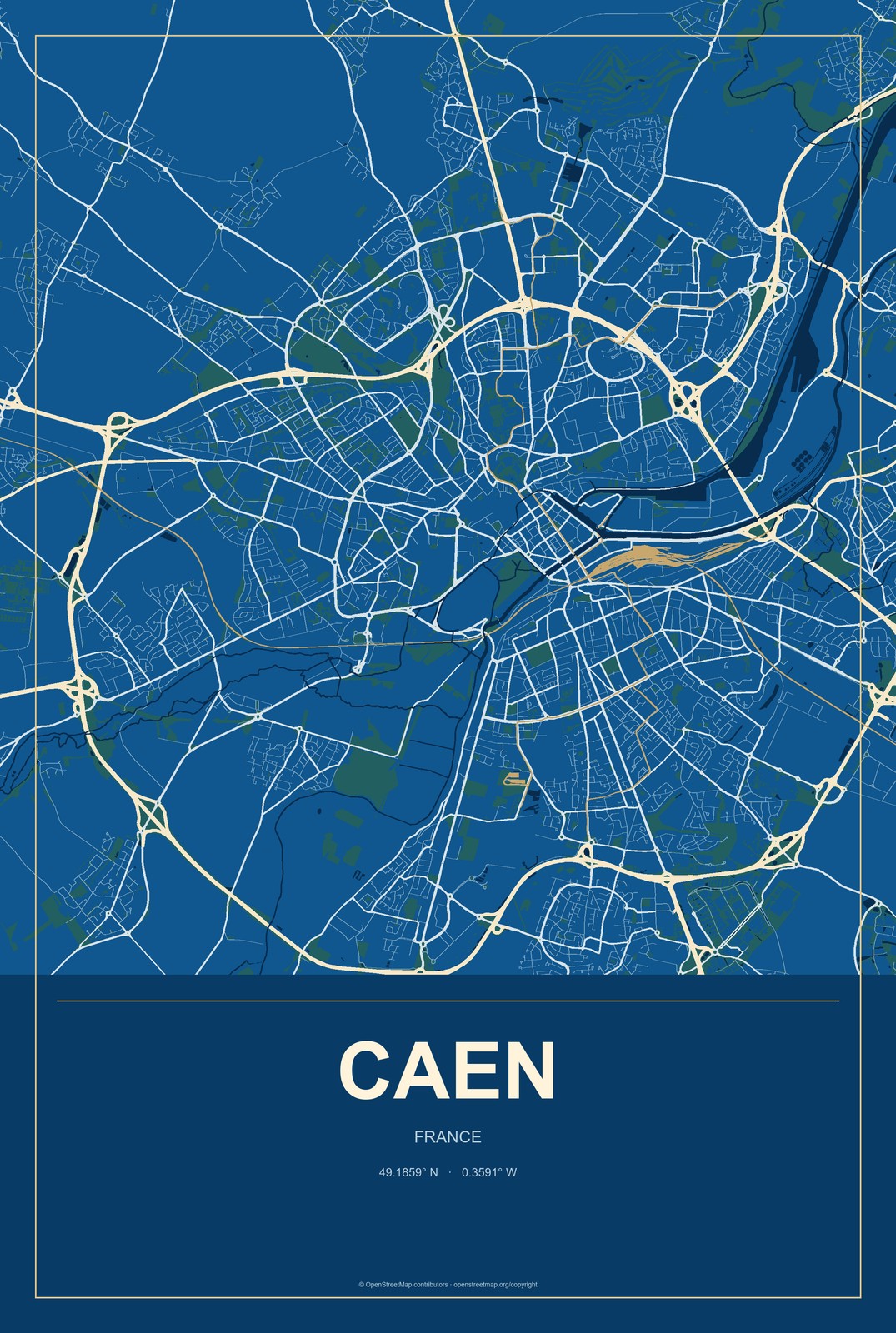 Caen, France City Map Aluminum Sign in Harbor Cobalt style