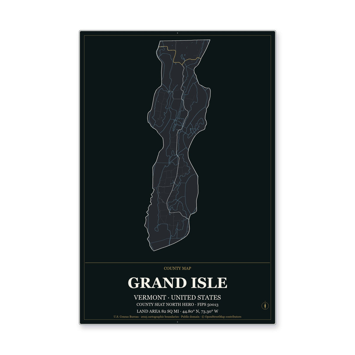 Grand Isle County, Vermont Map Aluminum Sign in Metropolitan Noir style