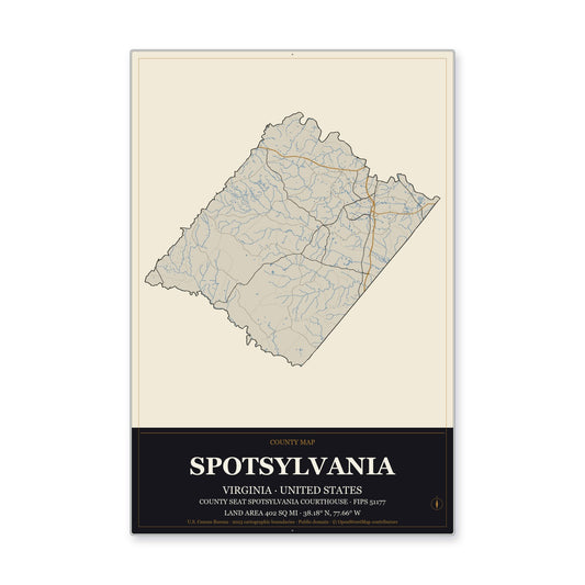 Spotsylvania County, Virginia Map Aluminum Sign in Museum Plaque style