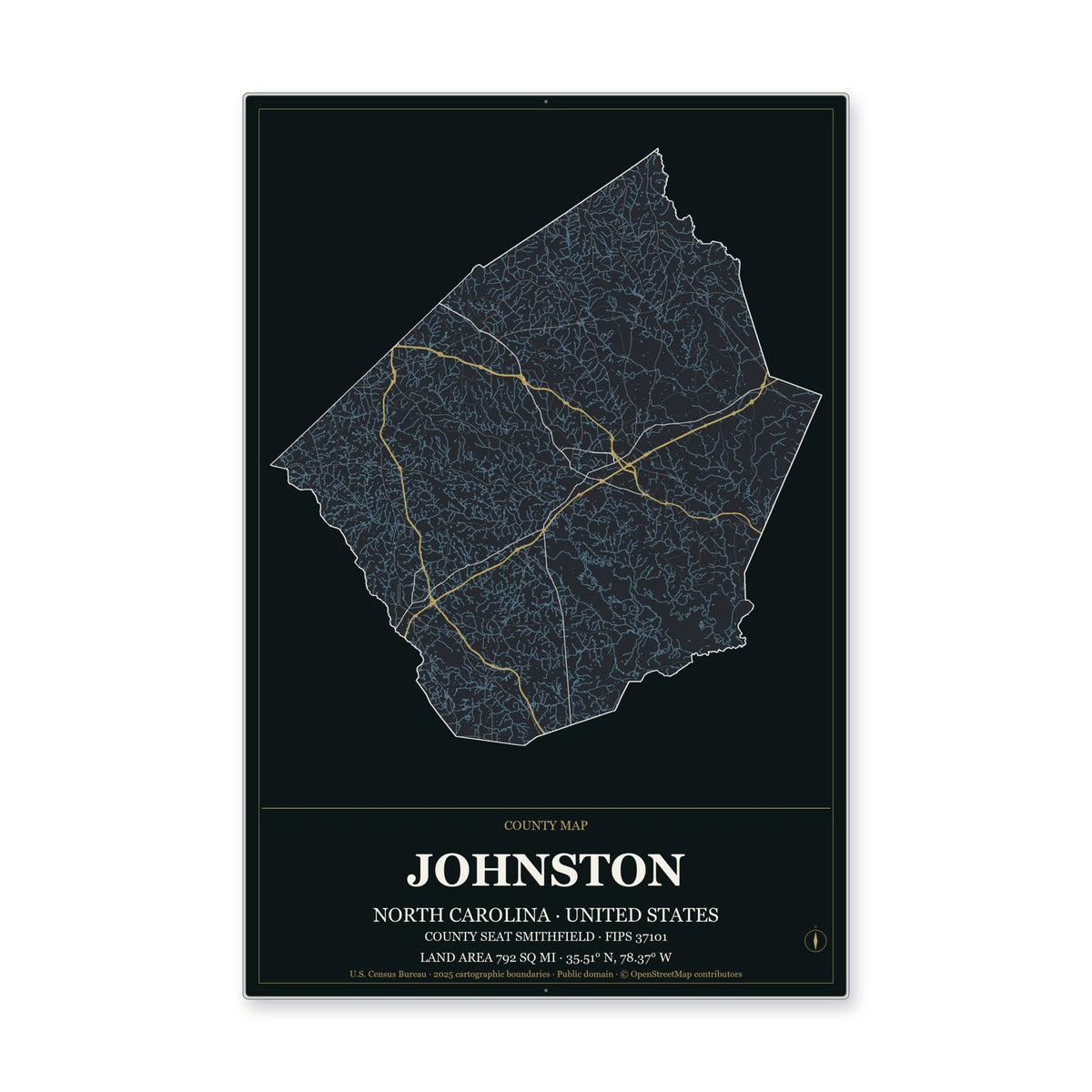 Johnston County, North Carolina Map Aluminum Sign in Metropolitan Noir style