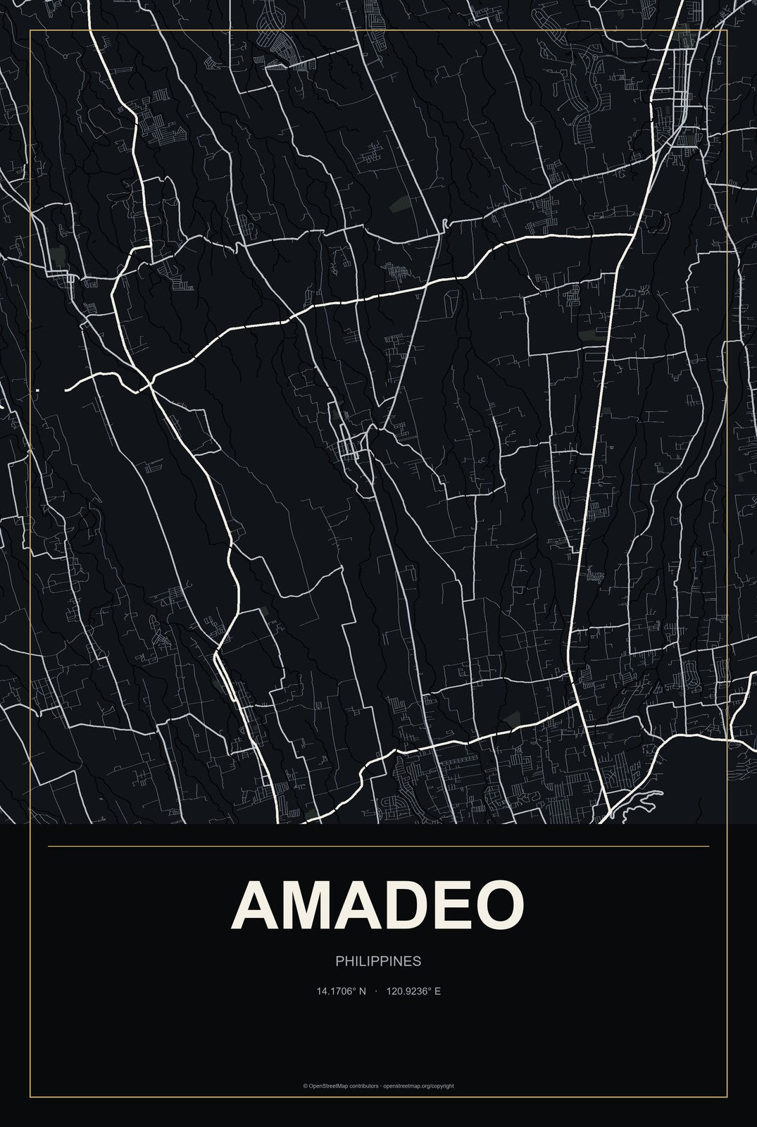 Amadeo, Philippines City Map Aluminum Sign in Metropolitan Noir style