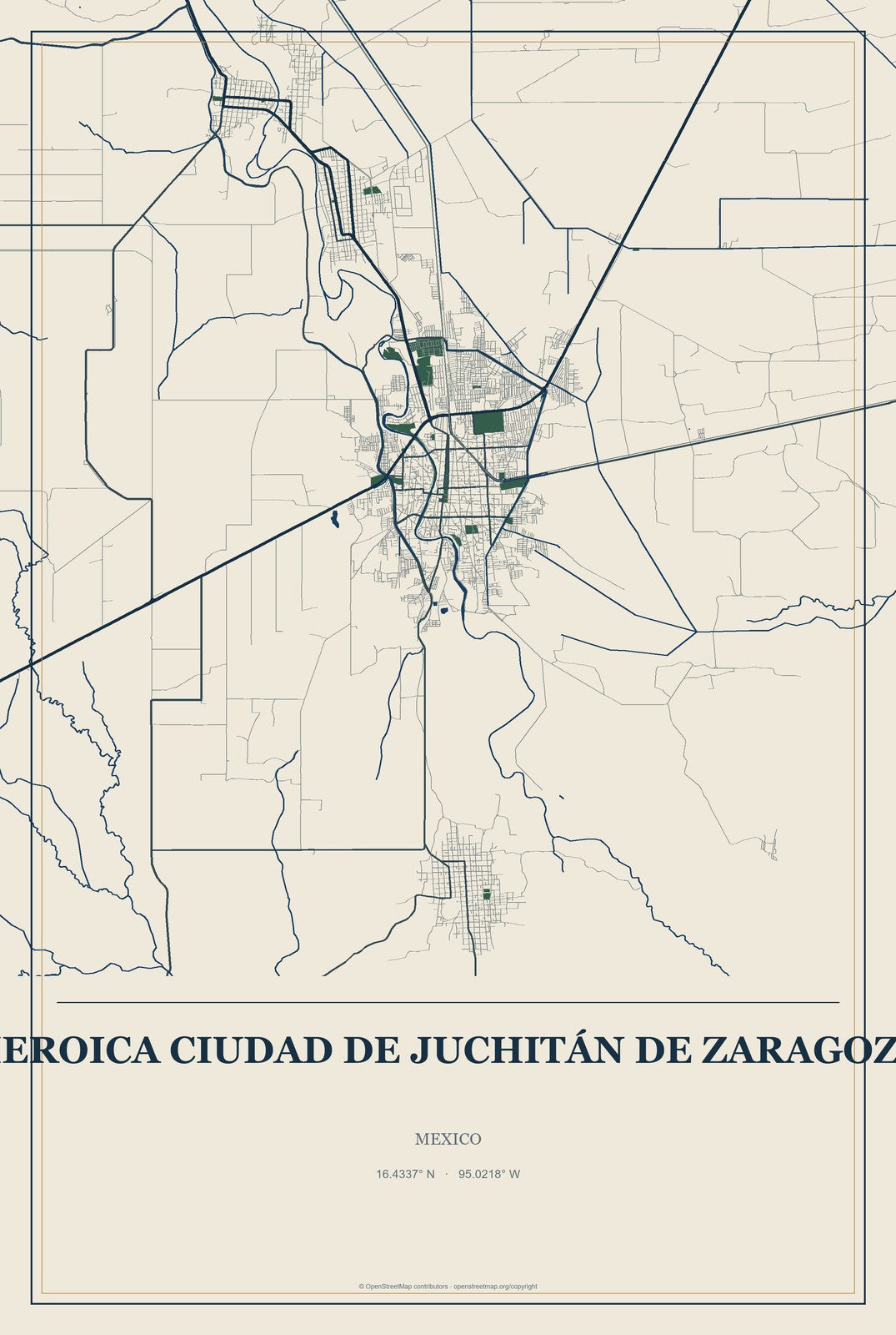 Heroica Ciudad de Juchitán de Zaragoza, Mexico City Map Aluminum Sign in Coastal Cutout style