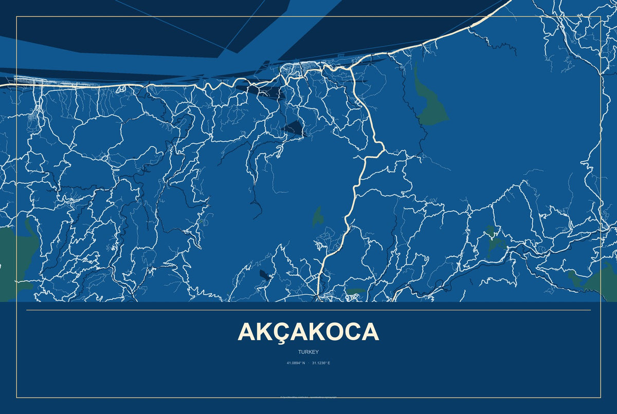 Akçakoca, Turkey City Map Aluminum Sign in Harbor Cobalt style