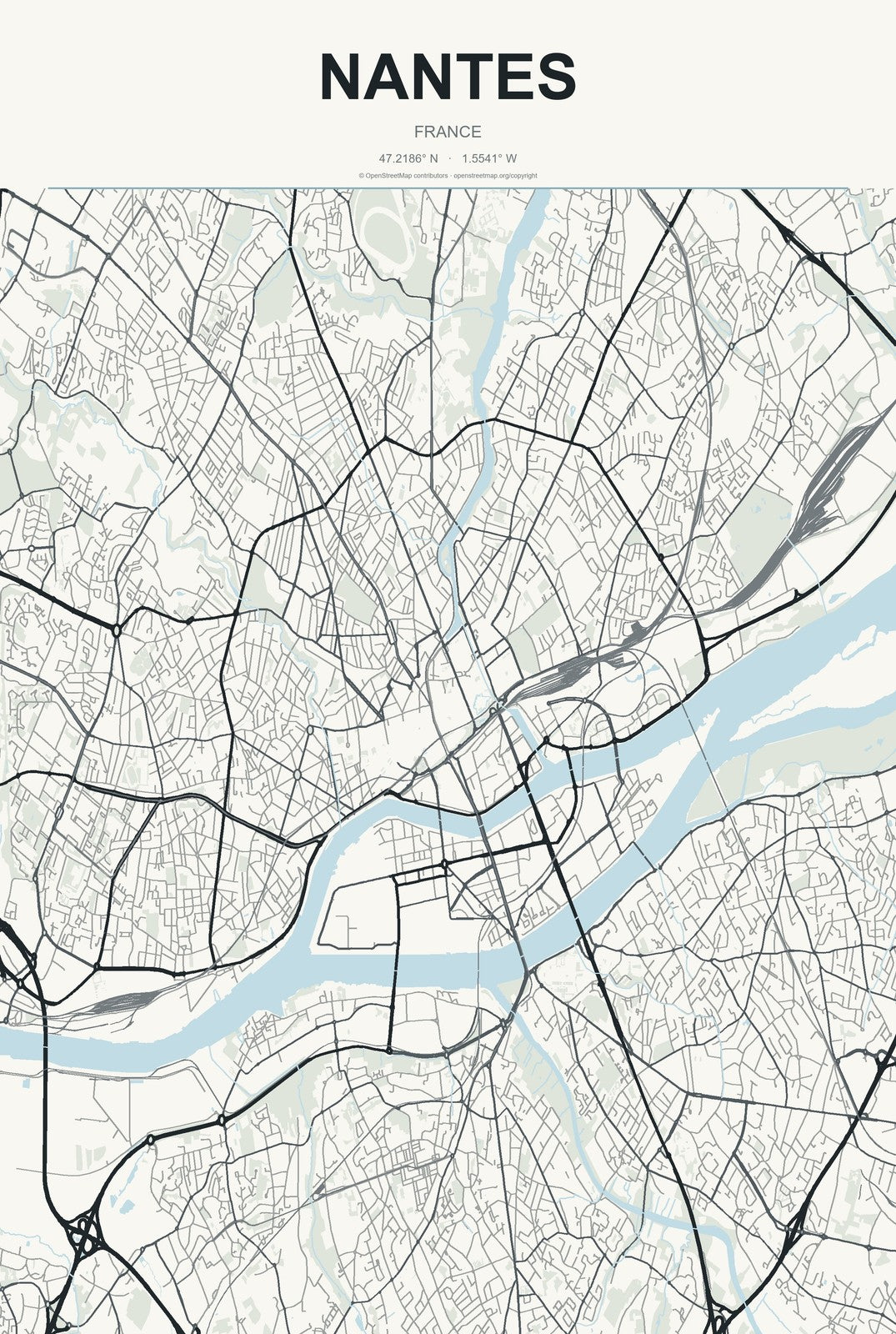 Nantes, France City Map Aluminum Sign in Headline Atlas style