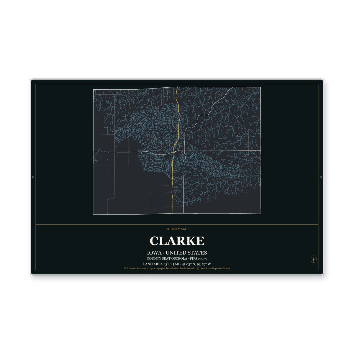 Clarke County, Iowa Map Aluminum Sign in Metropolitan Noir style