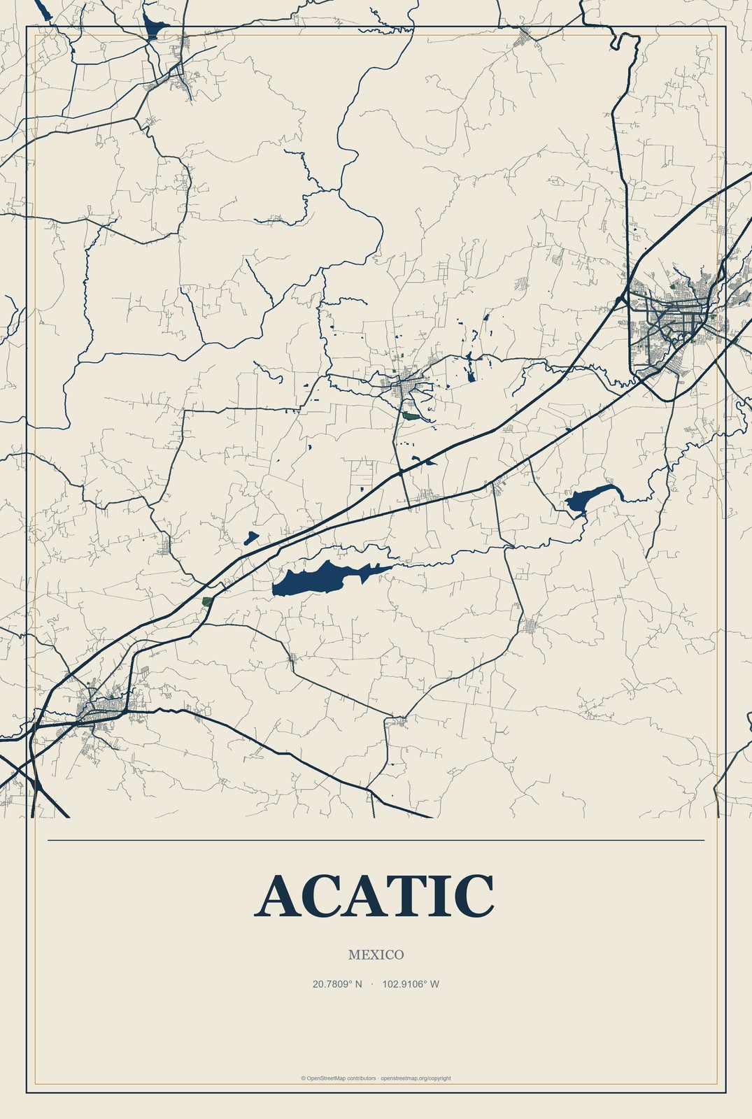 Acatic, Mexico City Map Aluminum Sign in Coastal Cutout style