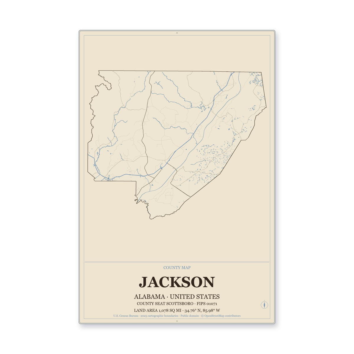 Jackson County, Alabama Map Aluminum Sign in Heritage Nautical style