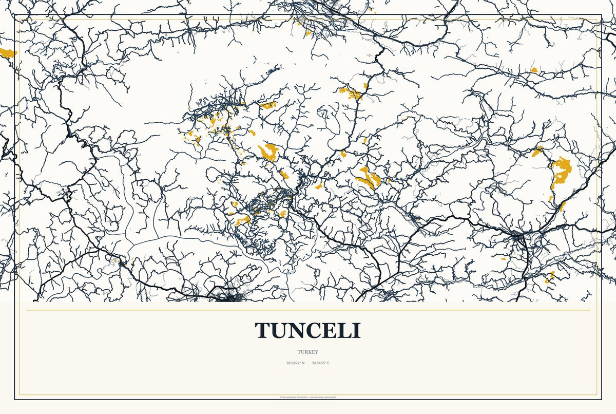 Tunceli, Turkey City Map Aluminum Sign in Citrine Modern style