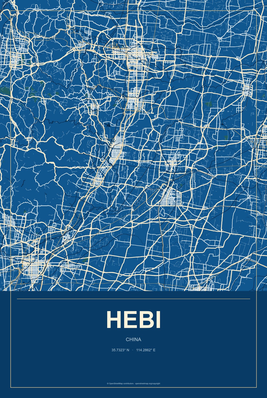 Hebi, China City Map Aluminum Sign in Harbor Cobalt style