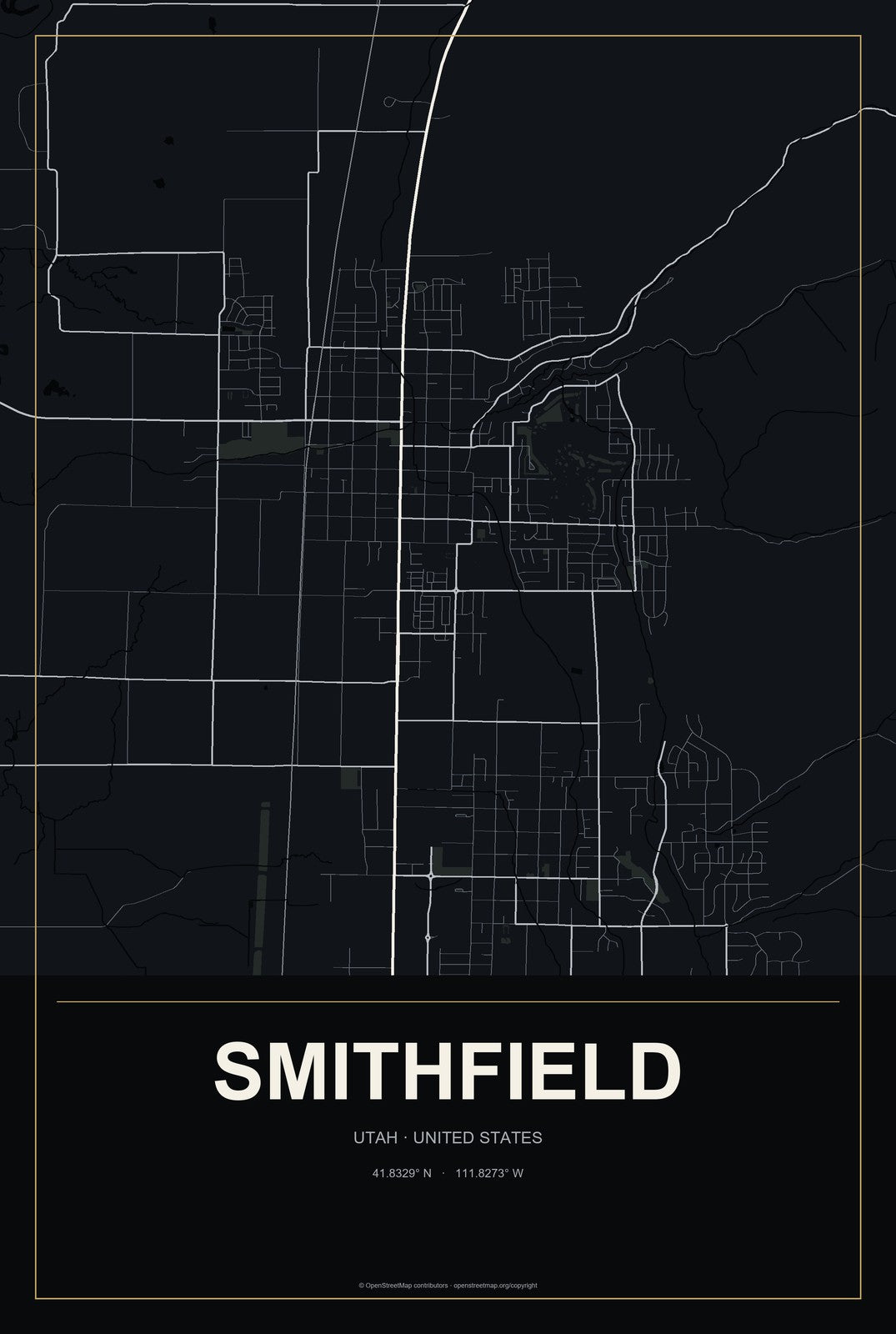 Smithfield, Utah City Map Aluminum Sign in Metropolitan Noir style