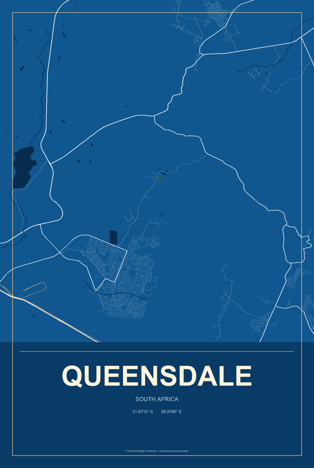 Queensdale, South Africa City Map Aluminum Sign in Harbor Cobalt style