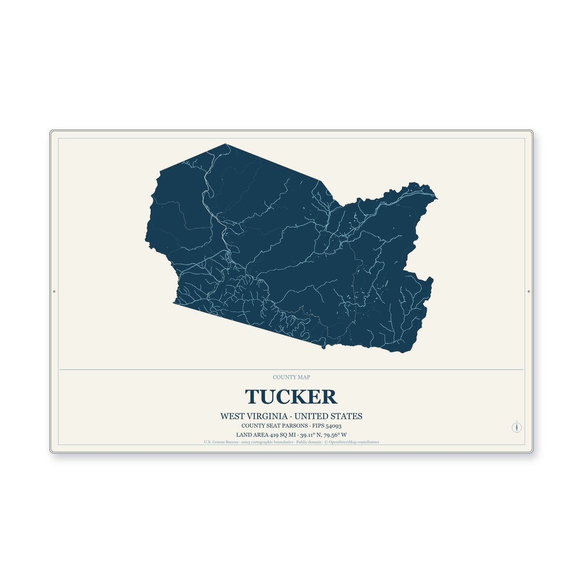 Tucker County, West Virginia Map Aluminum Sign in Coastal Cutout style