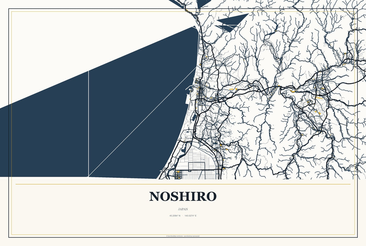 Noshiro, Japan City Map Aluminum Sign in Citrine Modern style