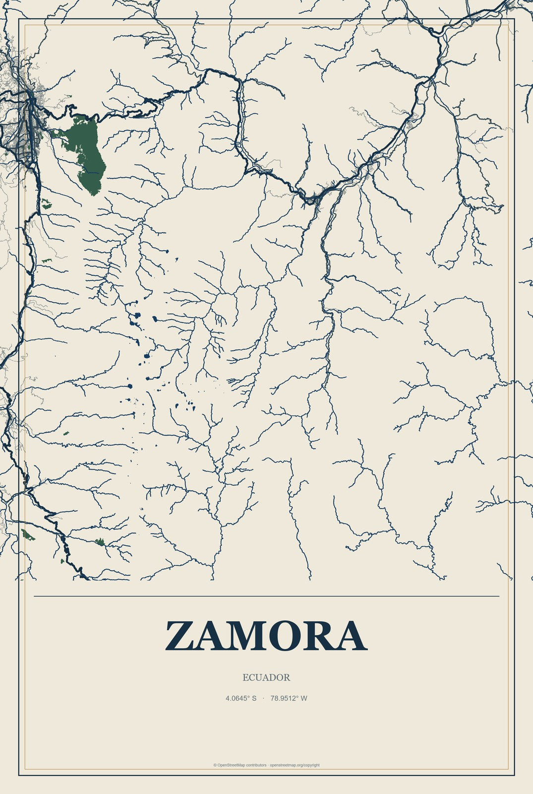 Zamora, Ecuador City Map Aluminum Sign in Coastal Cutout style