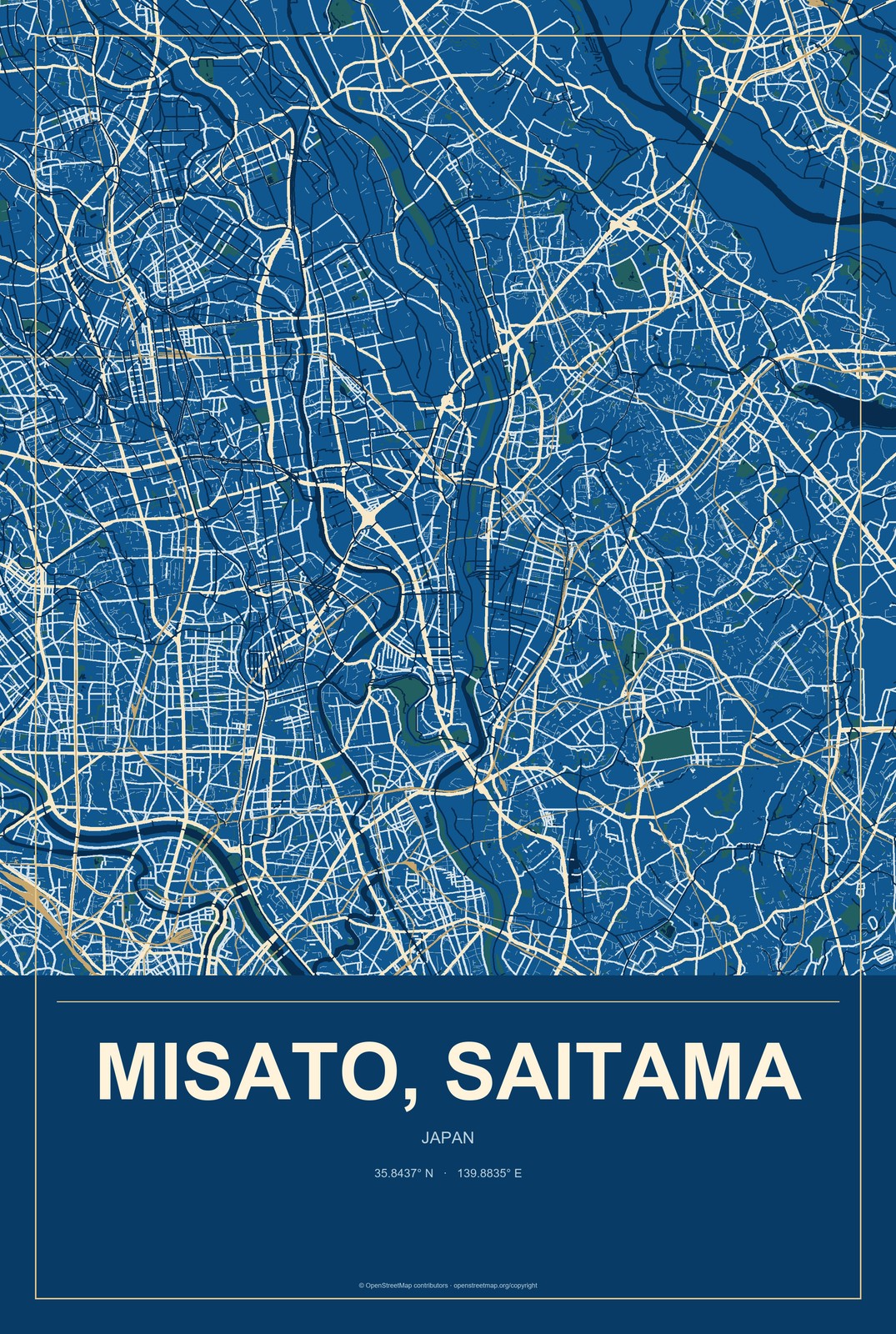 Misato, Saitama, Japan City Map Aluminum Sign in Harbor Cobalt style
