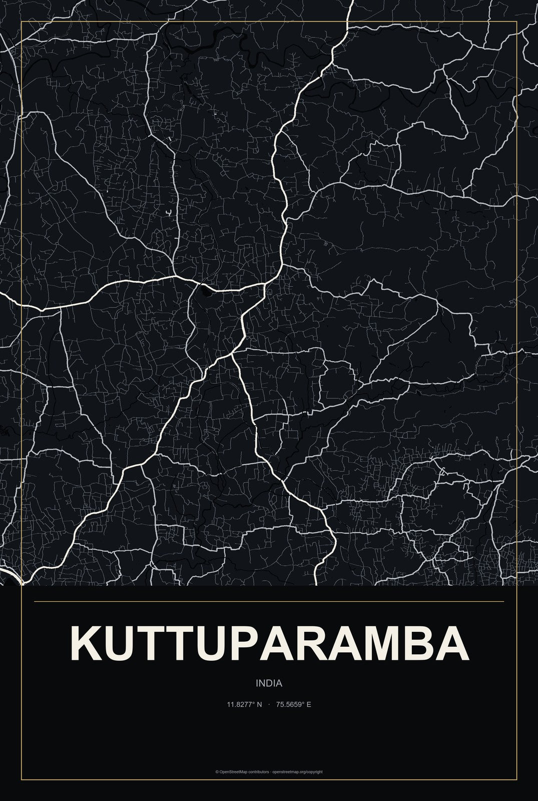 Kuttuparamba, India City Map Aluminum Sign in Metropolitan Noir style