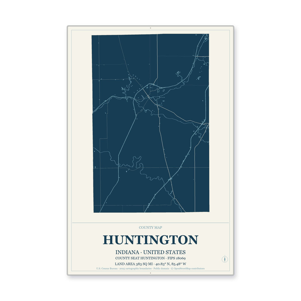 Huntington County, Indiana Map Aluminum Sign in Coastal Cutout style