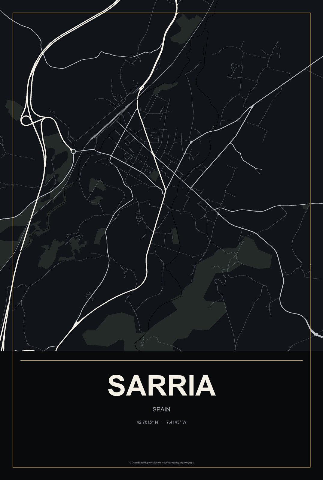 Sarria, Spain City Map Aluminum Sign in Metropolitan Noir style