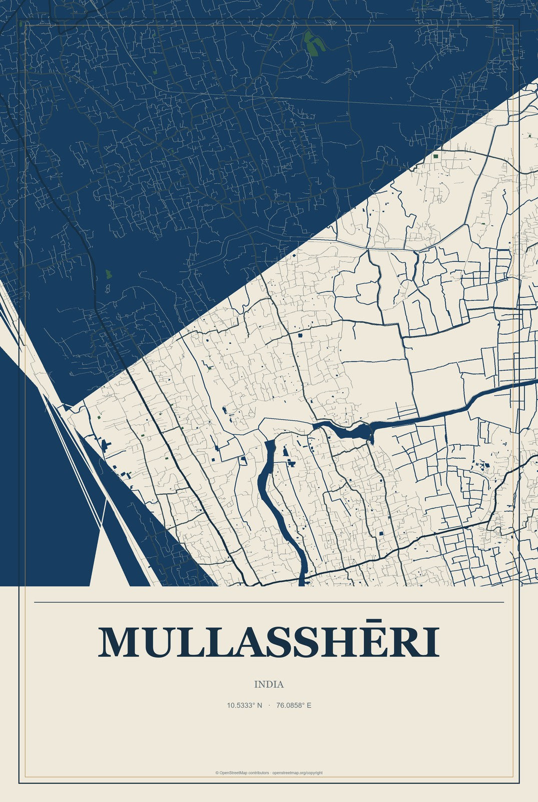 Mullasshēri, India City Map Aluminum Sign in Coastal Cutout style