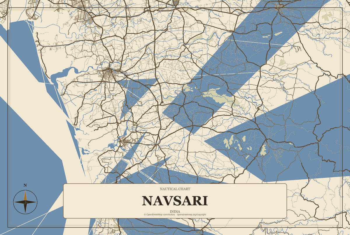 Navsari, India City Map Aluminum Sign in Heritage Nautical style