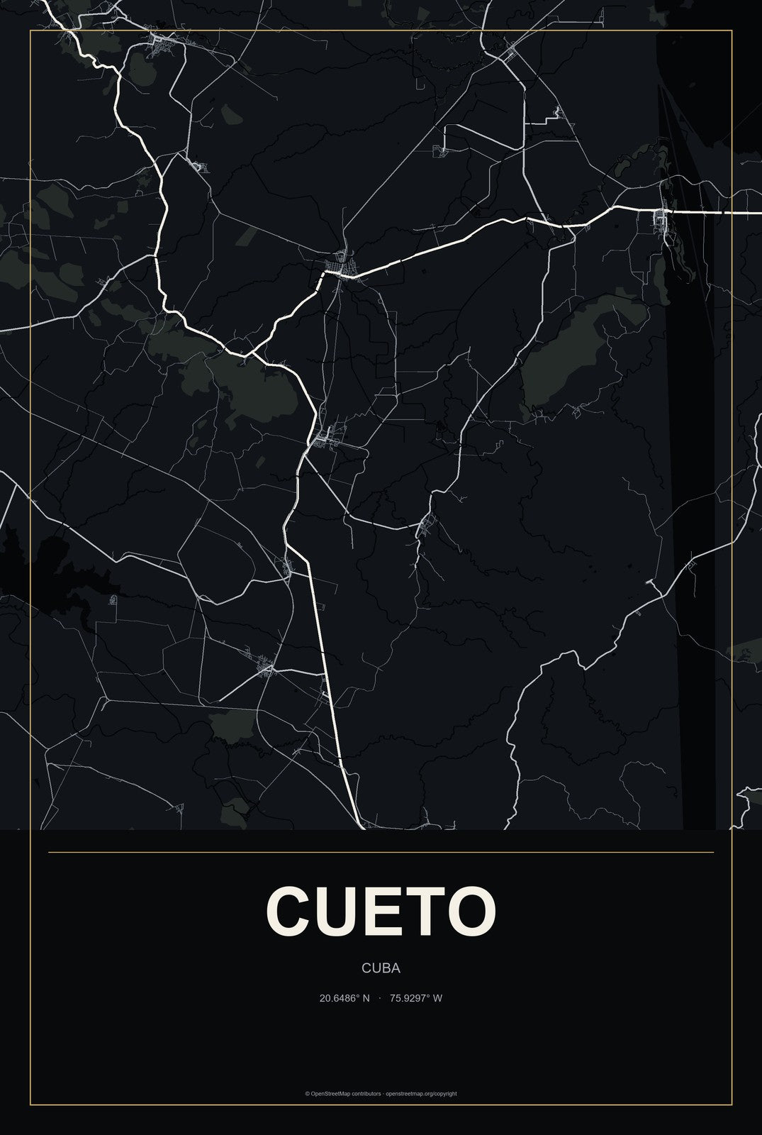 Cueto, Cuba City Map Aluminum Sign in Metropolitan Noir style
