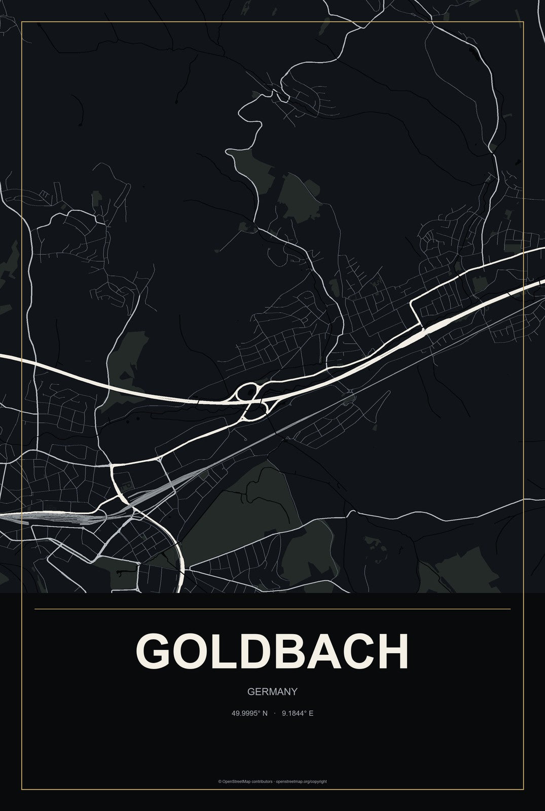 Goldbach, Germany City Map Aluminum Sign in Metropolitan Noir style