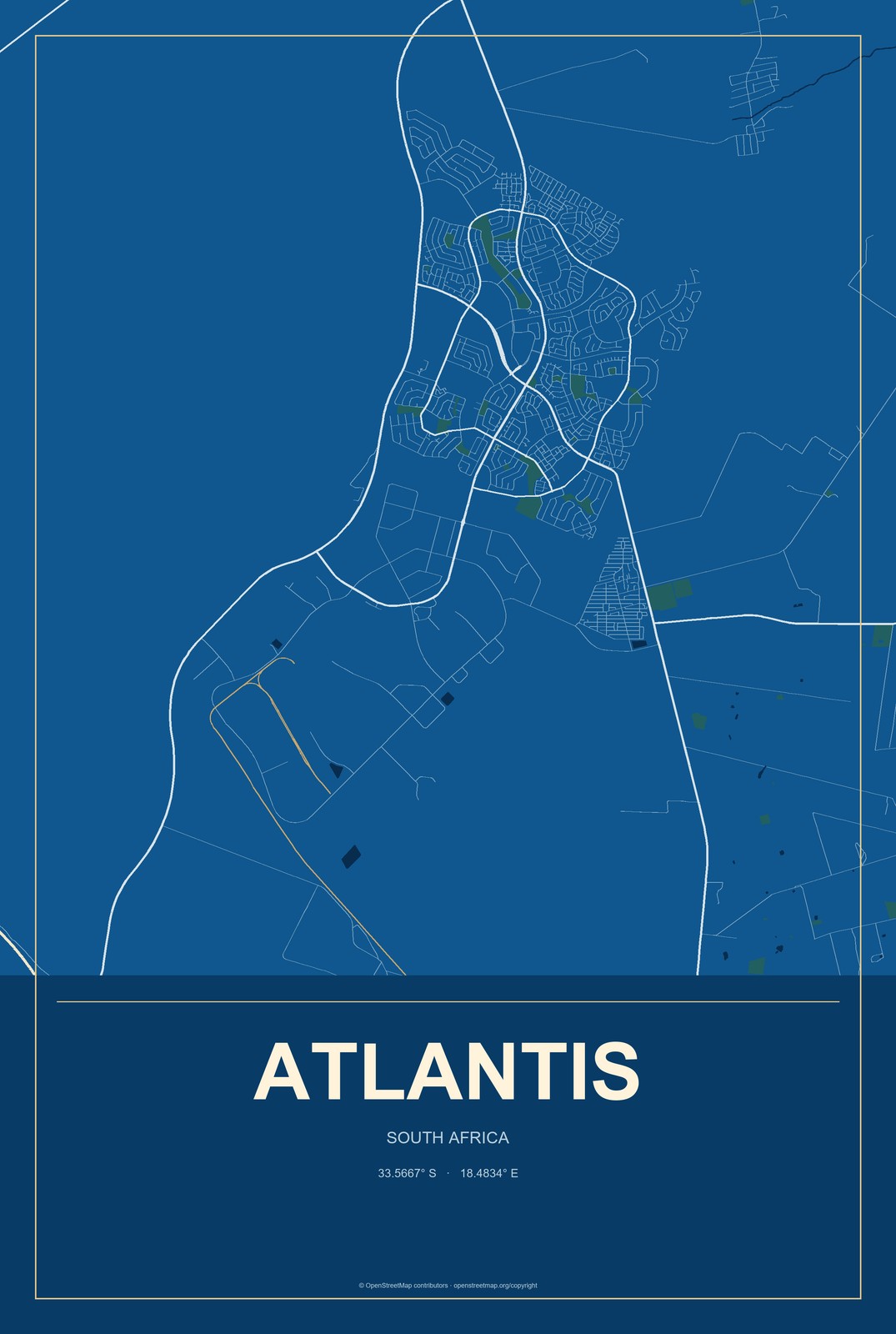 Atlantis, South Africa City Map Aluminum Sign in Harbor Cobalt style
