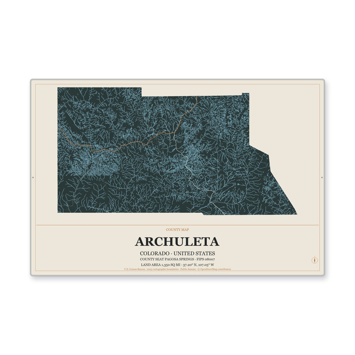 Archuleta County, Colorado Map Aluminum Sign in Headline Atlas style