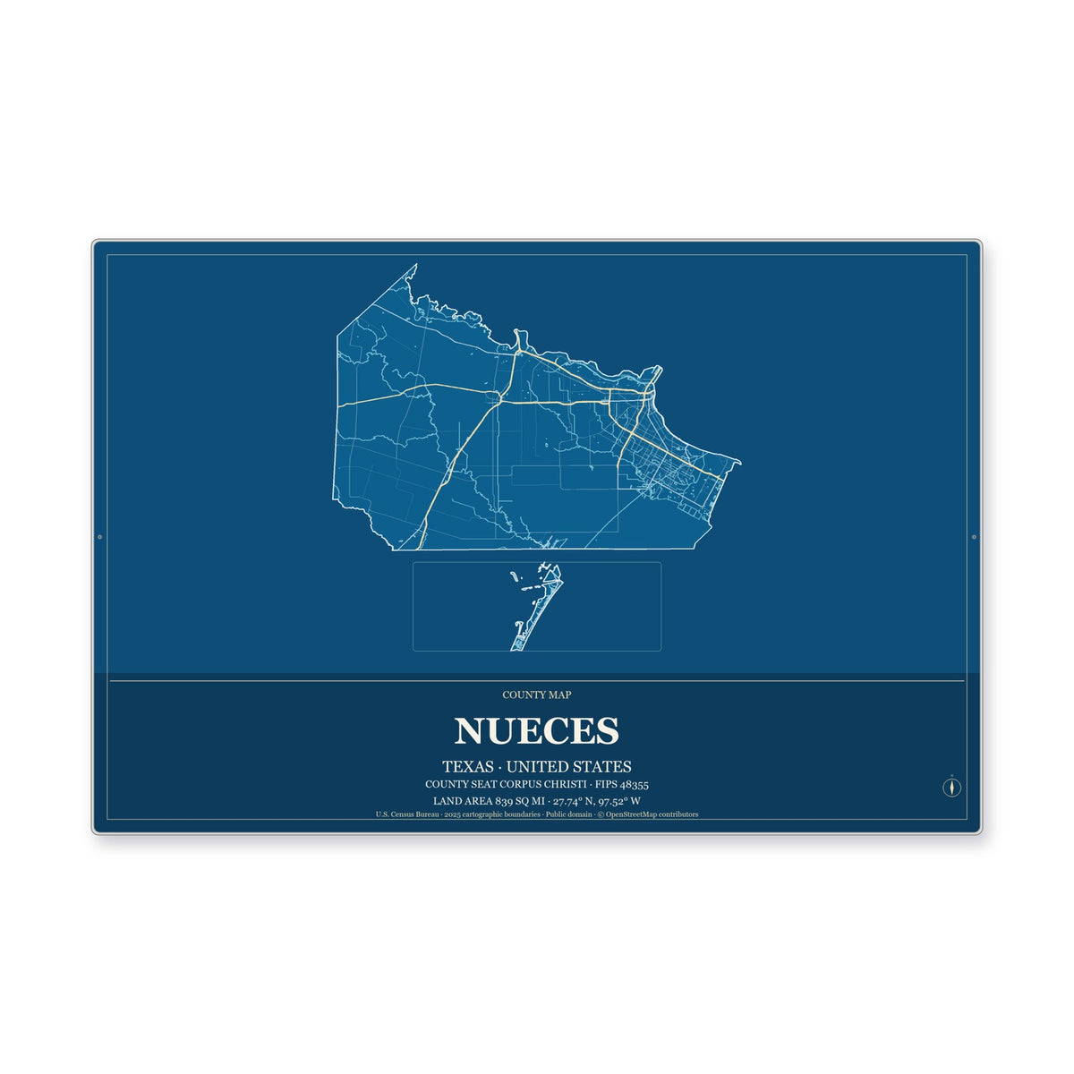Nueces County, Texas Map Aluminum Sign in Harbor Cobalt style