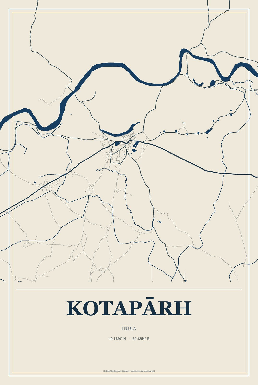 Kotapārh, India City Map Aluminum Sign in Coastal Cutout style